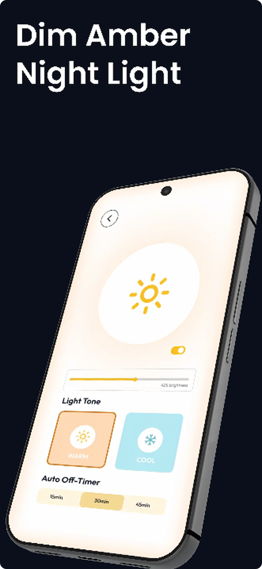 Dim amber night light screen with a brightness slider, warm and cool tones and an auto off-timer