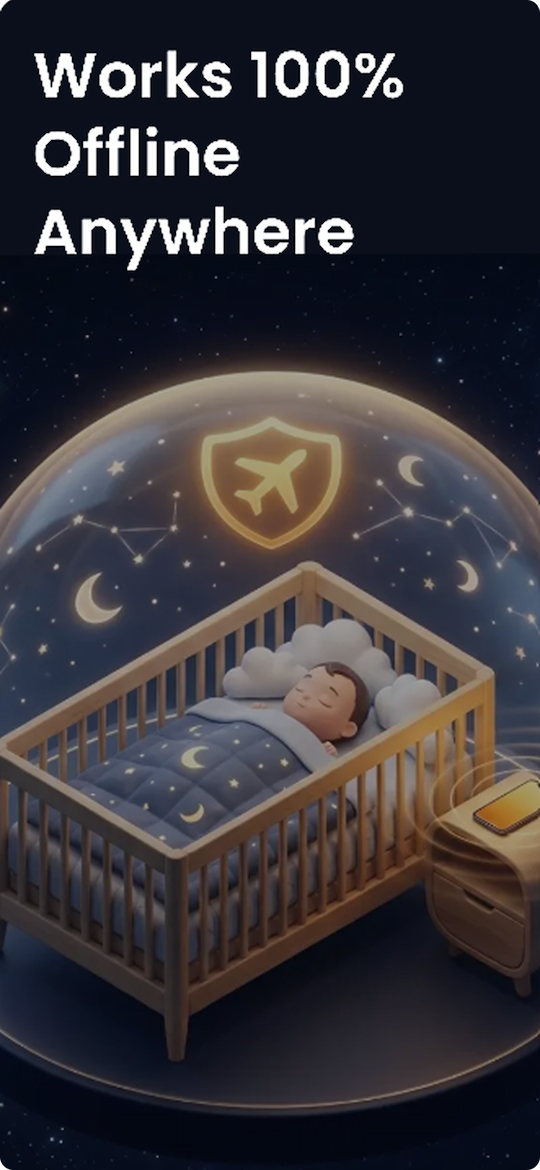 A sleeping baby in a crib under a glowing shield with an airplane icon and the headline Works 100% Offline Anywhere