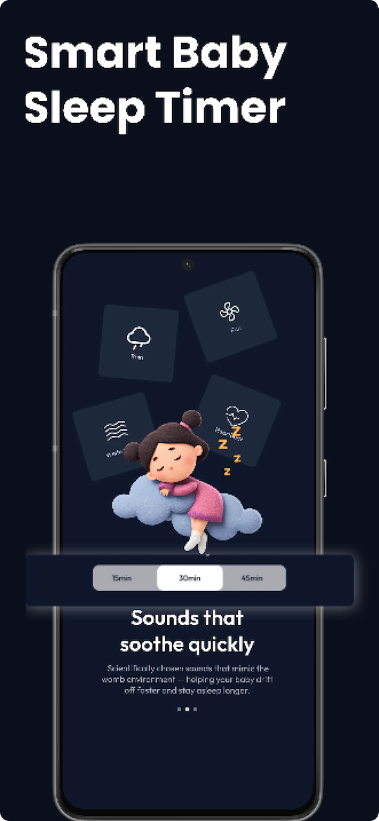 Sleep timer with 15, 30 and 45 minute options above a sleeping child on a cloud