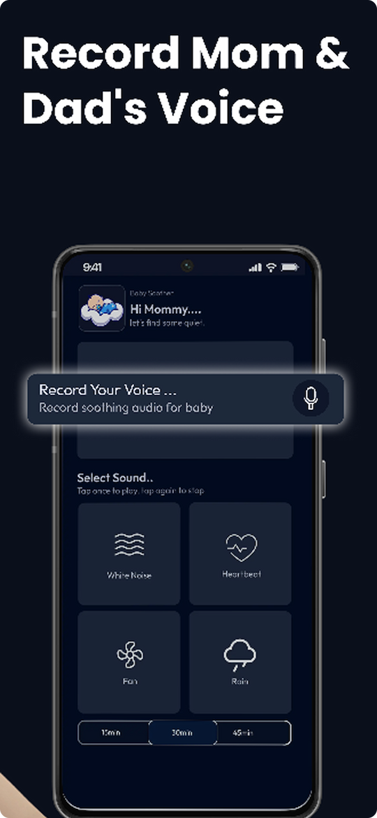 Baby Soother screen with the Record Your Voice button highlighted and the headline Record Mom and Dad's Voice